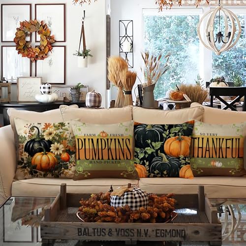 NIGHTWISH Fall Pillow Covers Set of 4 - Pumpkin Vines Floral Decor