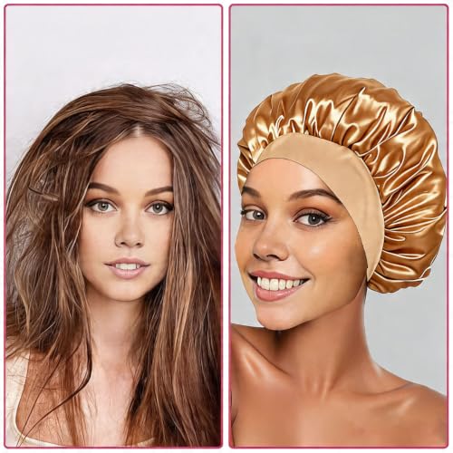 2-Piece Silk Satin Hair Bonnet for Sleeping and Shower Cap Set (Gold)