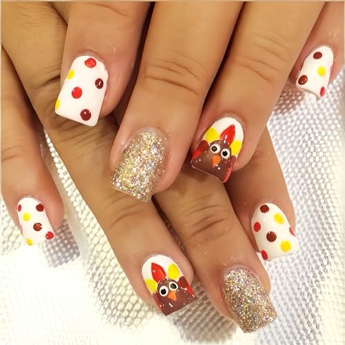 Fall Turkey Press on Nails Short Square False Nails with Gold Glitter