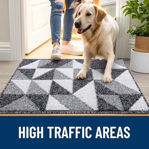 OLANLY Indoor Door Mat, 32x20 Geometric Low-Profile Entrance Rug, Black