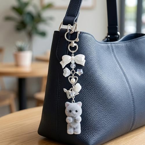Cute Pink Fuzzy Cat Keychain - Aesthetic Y2K Style
