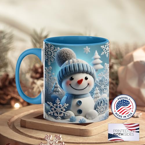Christmas Mug - Adorable Snowman Winter Coffee Cup with Frosty Blue Design