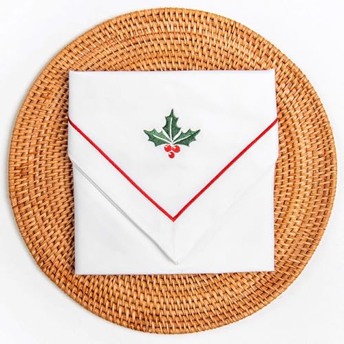 Christmas Holiday Cotton Cloth Napkins Set of 4 - Red & Green Holly Embroidered 20x20 Inches