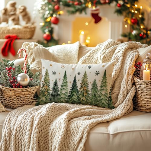 Christmas Pillow Cover 12x20 Inch - Green Trees & Stars Decor
