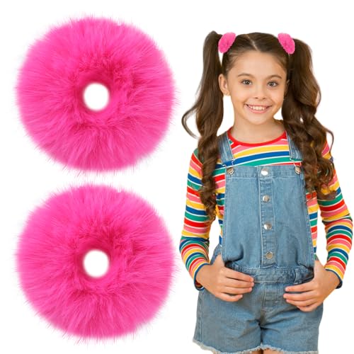 Lusofie Hot Pink Faux Fur Pompom Hair Scrunchies - 2 Pack Fluffy Hair Ties