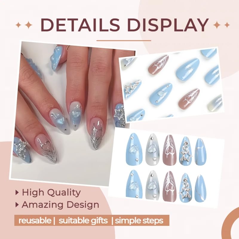 Blue Almond Press On Nails with 3D Stars and Heart Charms - 24 Pcs