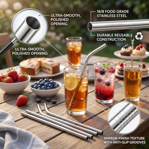 10-Pack Stainless Steel Straws Set - 5 Straight & 5 Bent, Reusable