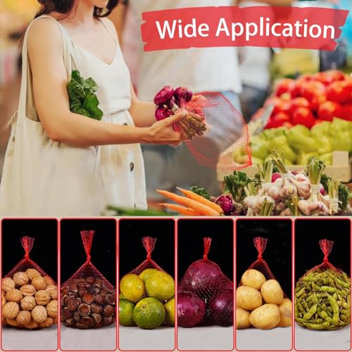 100Pcs Reusable Mesh Produce Bags, 16 Inch Stretchable Netting - Red