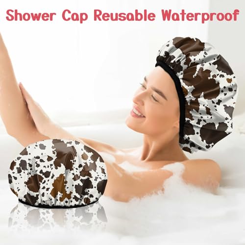Deokke Luxury Terry Lined Waterproof Shower Cap - Cowhide Print