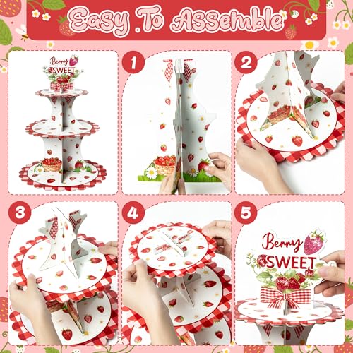 Haooryx Strawberry Cupcake Stand 3-Tier Red Plaid Party Decor - Variation: Strawberry/1