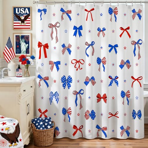 Mocsicka 4th of July Patriotic Shower Curtain, Stars and Bows, 72x72 Inch