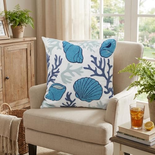 Coastal Decor Pillow Cover – 18x18 Inch Embroidered Coral & Seashell