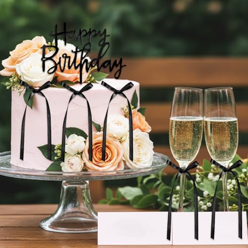 Elegant Black Bow Cake Topper Set with Happy Birthday Sign