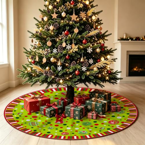 48-Inch Christmas Tree Skirt with Polka Dots and Festive Border - Green