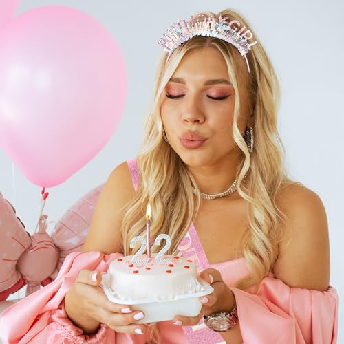 COCIDE Pink Glitter Birthday Girl Headband and Sash Set Tiara Gift