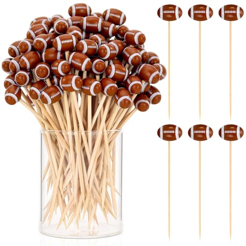 50 Pcs Football 3D Bamboo Cocktail Picks - 4.72 Inch Decorative Skewers