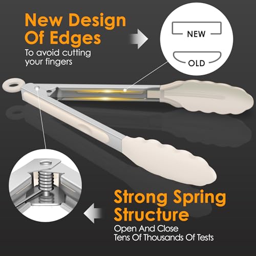 HOTEC Stainless Steel Locking Kitchen Tongs with Silicone Tips, Khaki, 2-Pack