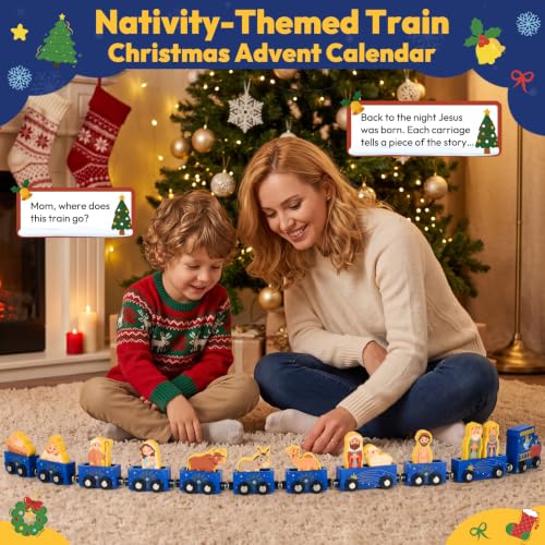 Nativity Train Advent Calendar for Kids and Toddlers, Wooden Holiday Countdown