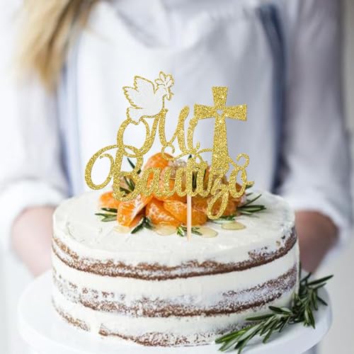 Spanish Mi Bautizo Cake Topper - Gold Glitter Cross Design 1
