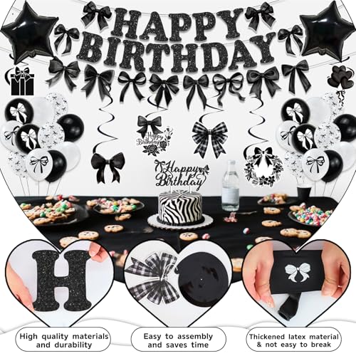 Black Bow Birthday Party Decorations Set - Banner, Balloons & Cake Toppers