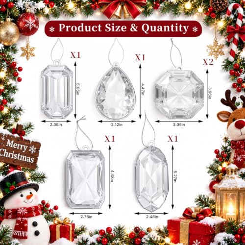 Clear Crystal Jewel Ornaments for Christmas Tree - 6 Pack, 3.94-5.27"