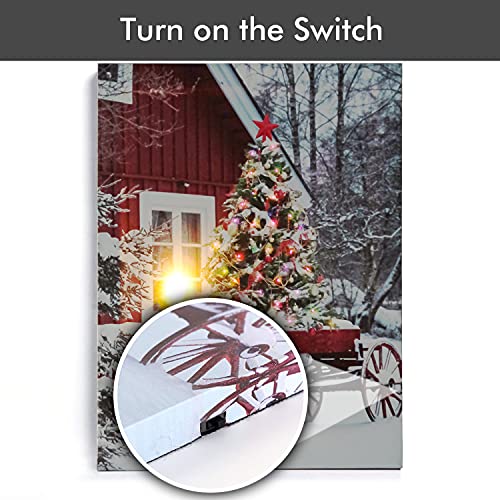 Christmas LED Lighted Canvas Wall Art - Snow House & Tree Scene - Red Variation