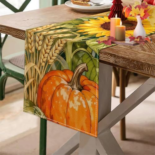 Fall Table Runner 13x72 Inches, Thanksgiving Autumn Pumpkin Decorations for Kitchen Dining Room