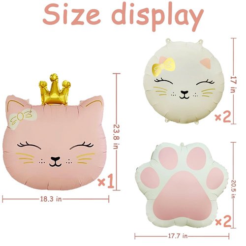 5Pcs Cat Foil Balloon Cat Paw Birthday Party Supplies Cute Crown Kitten Pet Cat Themed Birthday Party Baby Shower, Wedding Themed Party Decorations（Pink, Cream White）