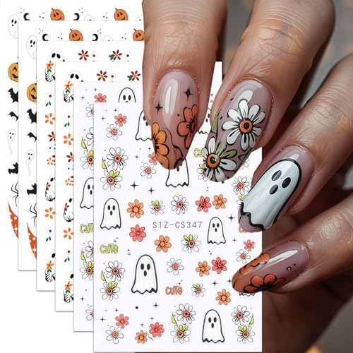 6 Sheets Ghost Nail Stickers 3D Self-Adhesive Spooky Floral Fall Decals