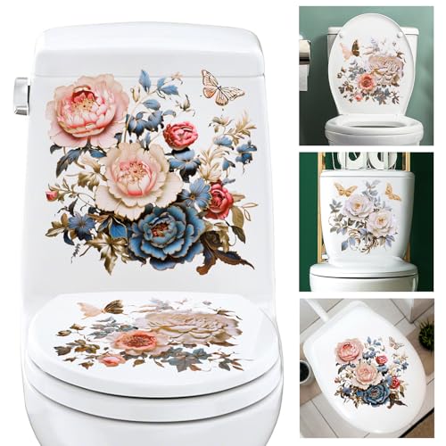 DRWSSR Gold Peony Butterfly Toilet Seat Lid Stickers - Removable Bathroom Decals (Set of 3)