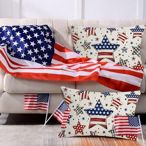 Blue American Star Pillow Covers - 2 Pack 12x20 Inch for 4th of July