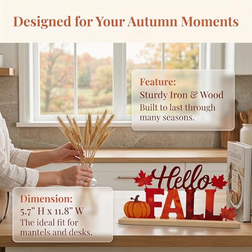 Hello Fall Metal Sign with Wooden Base - Autumn Table Decor