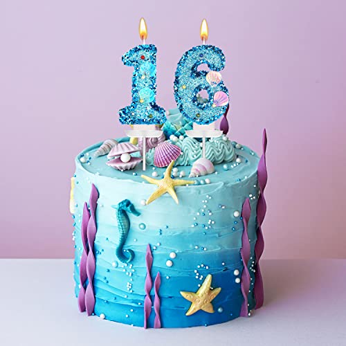 3-Inch Blue Glitter Shell Number Candle for Birthday Cake