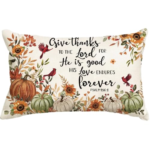 Fall Pumpkin Lumbar Pillow Cover 12x20" - Give Thanks to The Lord