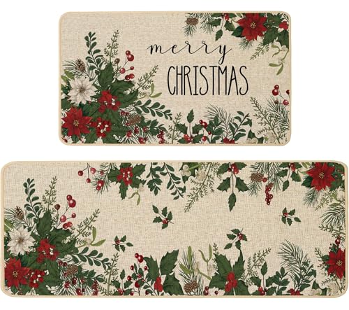Christmas Kitchen Rugs Set of 2 - Holly Berry Poinsettia Burlap Mats, 17x29 & 17x47 Inches