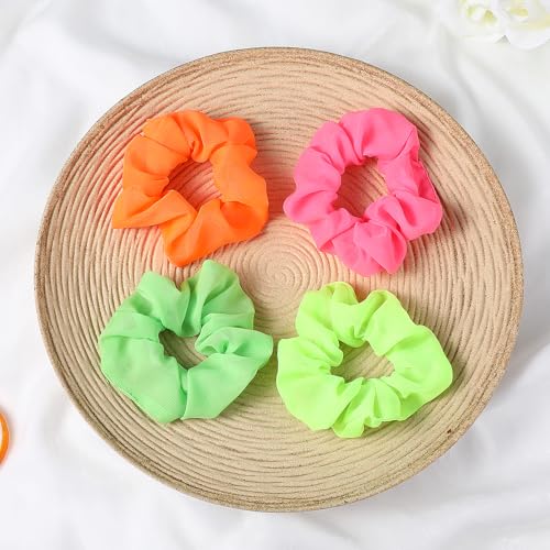 Ymapinc 4pcs Neon Chiffon Hair Scrunchies - 80s Vibrant Elastic Ponytail Holders