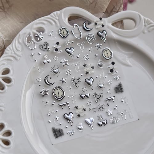 Silver 3D Embossed Self-Adhesive Heart Star Nail Art Stickers