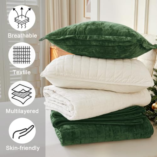 Oversize King Velvet Quilt Set 120x128 Inches - Green Bedspread with Matching Shams