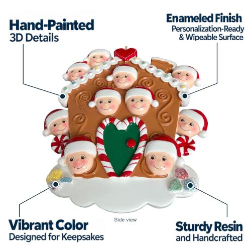 Personalized Gingerbread Family Ornament for 10 - Christmas Keepsake with Hand-Painted Resin Craftsmanship - 10 Heads Variation