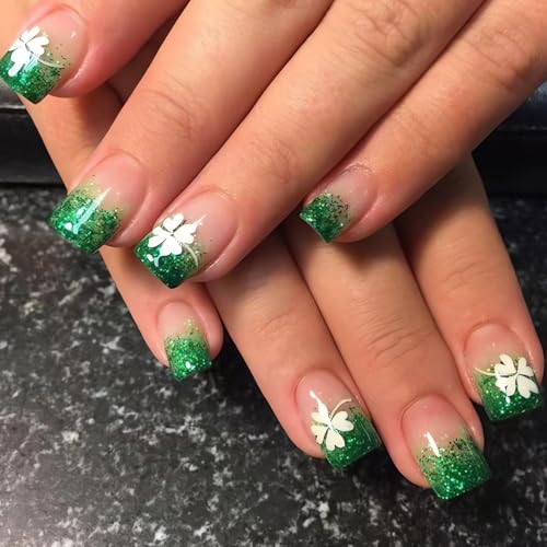 St. Patrick's Day Short Square Green French Tip Press on Nails with Clover