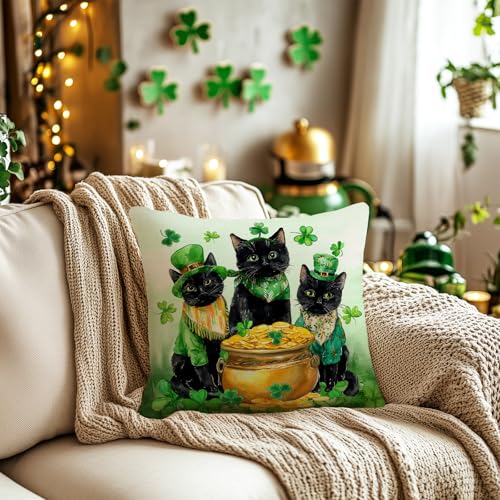 St. Patrick's Day Pillow Cover 18x18 - Cat & Shamrock Design