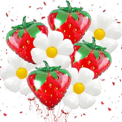 8 Strawberry & Daisy Foil Balloons for Birthday Parties