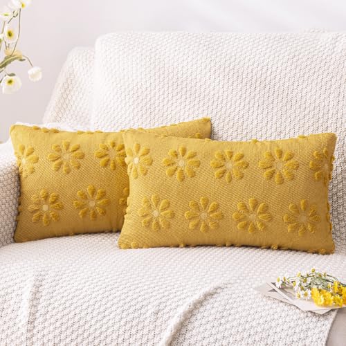 Floral Plush Throw Pillow Covers - Set of 2, 12x20 Inch, Yellow