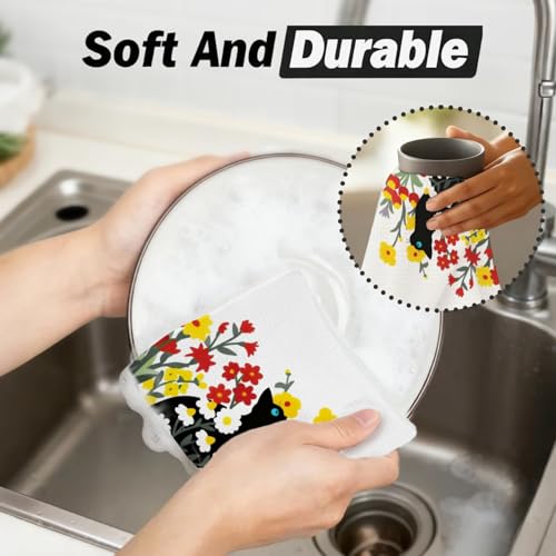 Floral Black Cat Dish Towels - 16x24 Inch Kitchen & Bathroom Decor
