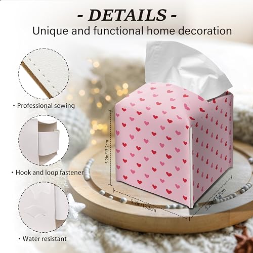 Love Heart Tissue Box Cover - Pink & Red Mini Square Decorative Holder for Bathroom & Bedroom - Free Secure Bottom Closure