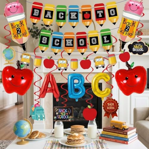 Back to School Decorations Set - Pencil & Apple Balloons & Banners