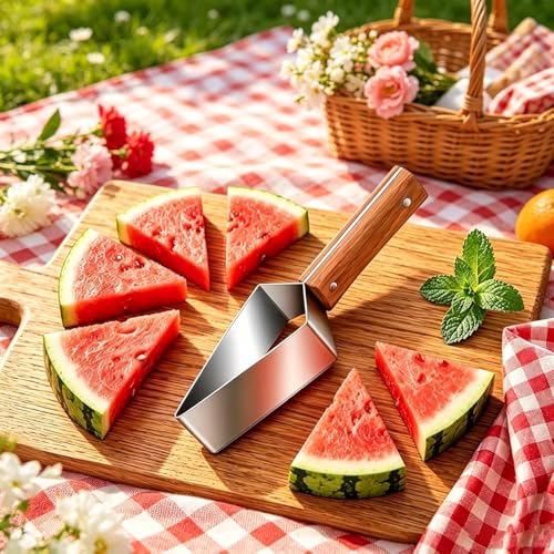Stainless Steel Watermelon Cutter with Wooden Handle - Fruit Slicer Tool
