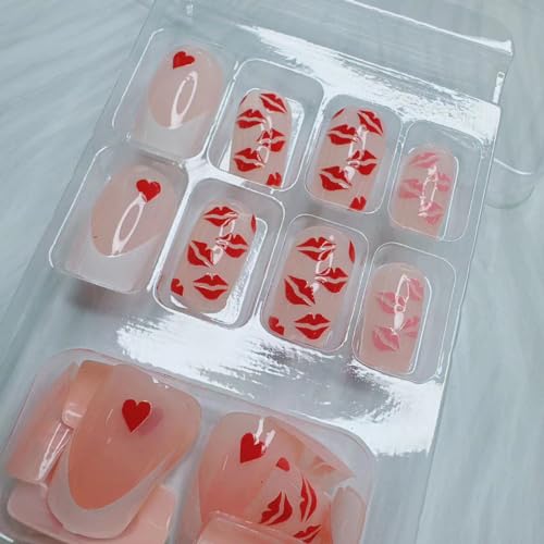 Valentine Press on Nails Medium Square French Tip Glossy Fake Nails