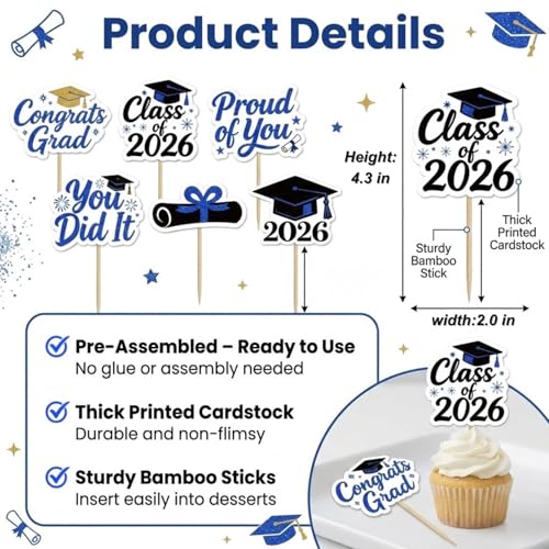 ALISSAR Blue Graduation Cupcake Toppers 36-Pack Class of 2026 Decorations