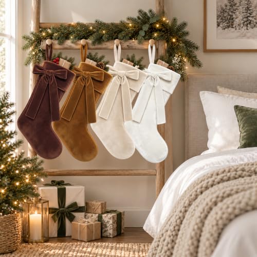 YUJUN 4 Pack 18in Brown Velvet Christmas Stockings Holiday Decor